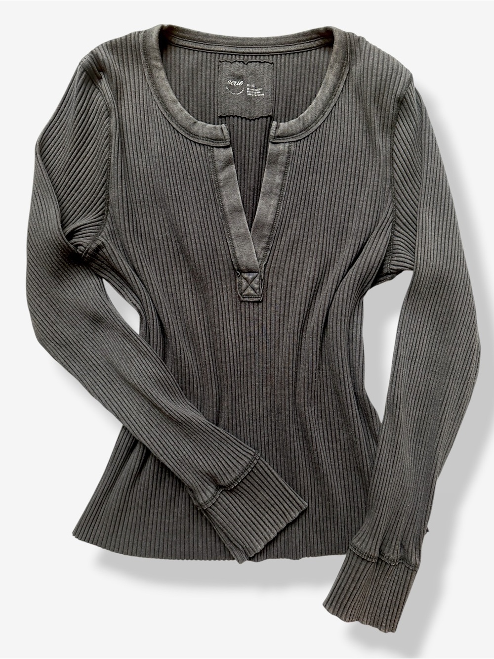 Aerie Fireside Ribbed Long Sleeve Split Neck Tee Gray XL